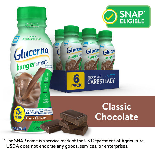 Glucerna Hunger Smart, Diabetic Drink to Support Blood Sugar Management, Classic Chocolate, 10-fl-oz Bottle, 6 Count