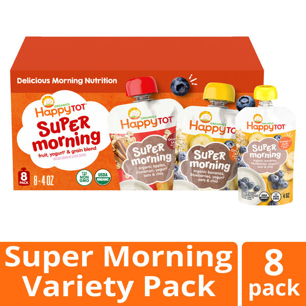Happy Tot Organics Super Morning 2-Flavor Variety Pack, Stage 4, Organic Bananas, Blueberries, Yogurt, Oats & Chia, Organic Apples, Cinnamon, Yogurt, Oats & Chia, 4 oz Pouches (Pack of 8)