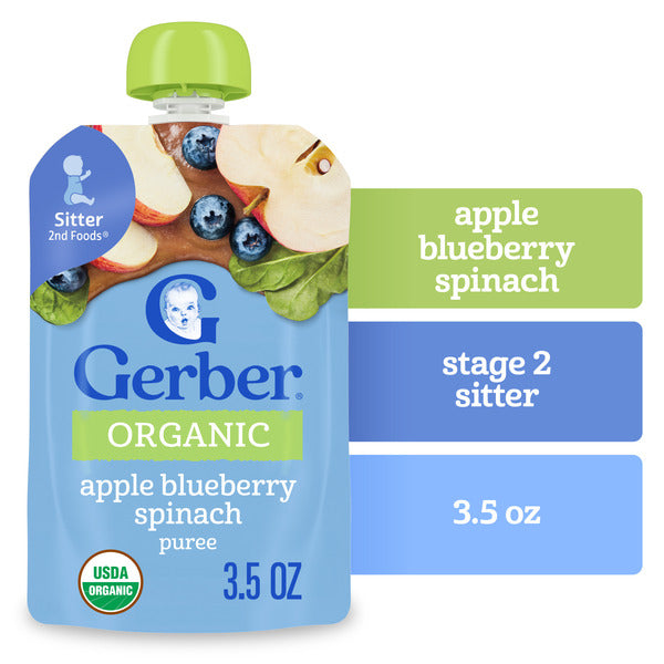 Gerber Stage 2 Baby Food Organic Apple Blueberry Spinach Puree Pouch