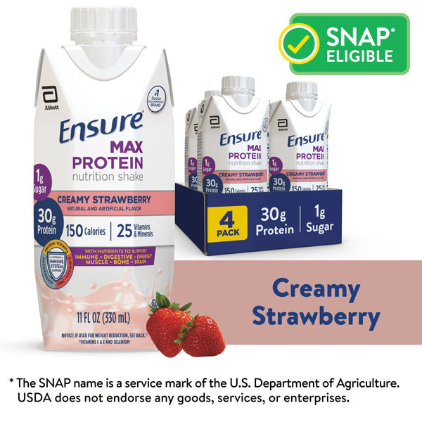 Ensure Max Protein Nutrition Shake, Creamy Strawberry, 30g Protein, 11 fl oz, 4 Pack