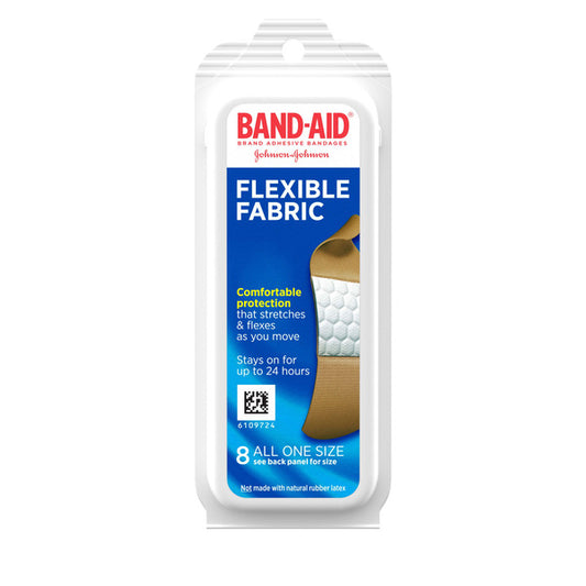 BAND-AID Flexible Fabric Adhesive Bandages for Comfortable Flexible Protection & Wound Care of Minor Cuts & Scrapes, With Quilt-Aid Technology designed to Cushion Painful Wounds, All One Size, 8 ct