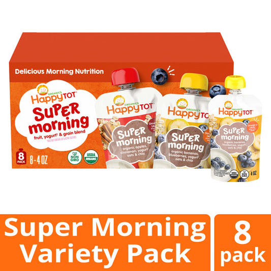 Happy Tot Organics Super Morning 2-Flavor Variety Pack, Stage 4, Organic Bananas, Blueberries, Yogurt, Oats & Chia, Organic Apples, Cinnamon, Yogurt, Oats & Chia, 4 oz Pouches (Pack of 8)
