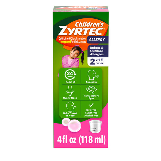 ZYRTEC 24 Hr Cetirizine Allergy Syrup, Bubble Gum, 4 fl. oz