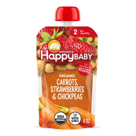 Happy Baby Organics Organics Stage 2 Baby Food Pouches, Gluten Free, Vegan & Healthy Snack, Clearly Crafted Fruit & Veggie Puree, Carrots, Strawberries & Chickpeas, 4 oz.