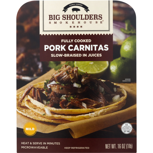 Farmington Foods Big Shoulders Smokehouse Pork Carnitas, Fully Cooked, Mild