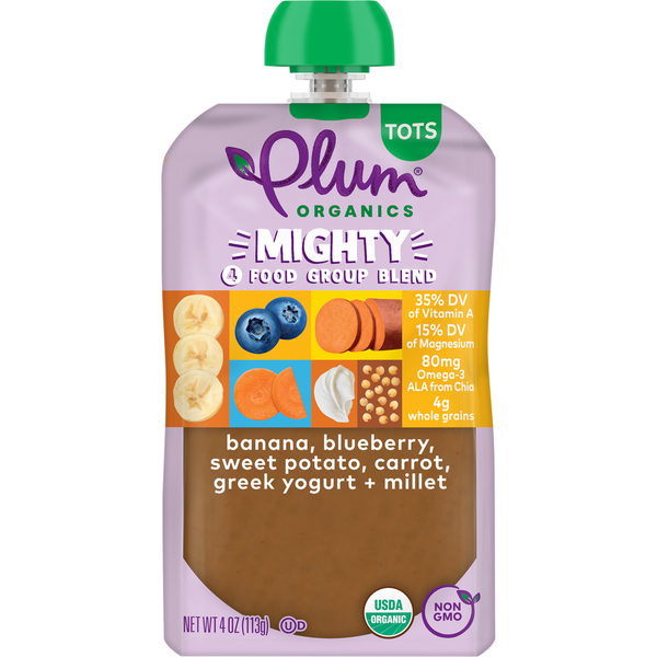 Plum Organics Blends Banana, Blueberry, Sweet Potato, Carrot, Greek Yogurt & Millet Tots Pouch