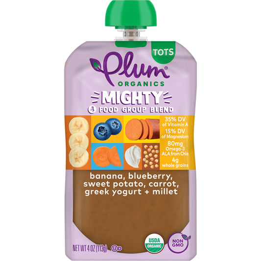 Plum Organics Blends Banana, Blueberry, Sweet Potato, Carrot, Greek Yogurt & Millet Tots Pouch