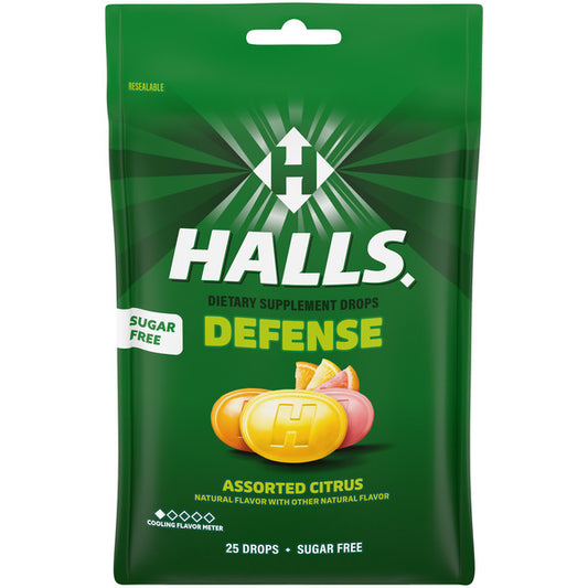 Halls Defense Assorted Citrus Sugar Free Throat Drops, Vitamin C Dietary Supplements 2.73 oz