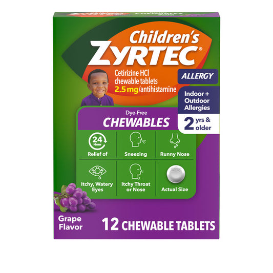 ZYRTEC 24 Hr 2.5 mg Allergy Chews for Ages 2+, Grape, 12 ct