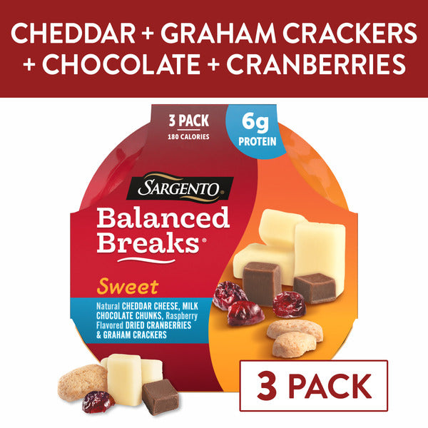 Sargento Sweet Balanced Breaks® Cheddar Cheese, Milk Chocolate Chunks, Raspberry Flavored Dried Cranberries and Graham Crackers Snack Kit, 3-Pack
