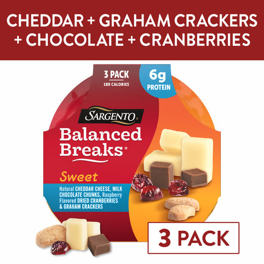 Sargento Sweet Balanced Breaks® Cheddar Cheese, Milk Chocolate Chunks, Raspberry Flavored Dried Cranberries and Graham Crackers Snack Kit, 3-Pack
