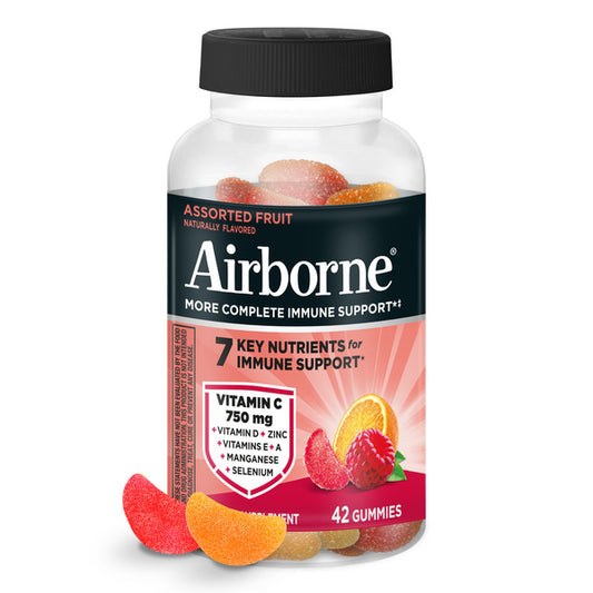 AIRBORNE® Airborne Immune Support Gummies, Assorted Fruit Flavor, 42 Ct - 750 mg Vitamin C + Vitamins A, D & E + Zinc, Selenium, and Manganese | With Herbal Blend | Naturally Flavored
