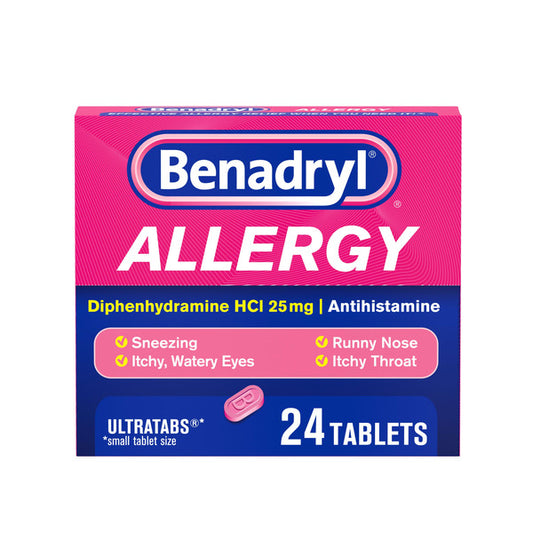 Benadryl Ultratabs Antihistamine Allergy Relief Medicine, 25 mg Diphenhydramine HCl Tablets For Relief of Cold & Allergy Symptoms Such as Sneezing, Runny Nose, & Itchy Eyes & Throat, 24 ct