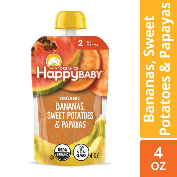 Happy Baby Organics Organics Stage 2 Baby Food Pouches, Gluten Free, Vegan & Healthy Snack, Clearly Crafted Fruit & Veggie Puree, Bananas, Sweet Potatoes & Papayas, 4 oz.