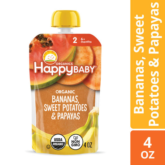 Happy Baby Organics Organics Stage 2 Baby Food Pouches, Gluten Free, Vegan & Healthy Snack, Clearly Crafted Fruit & Veggie Puree, Bananas, Sweet Potatoes & Papayas, 4 oz.