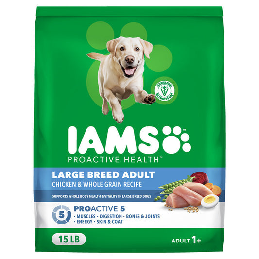 IAMS Proactive Health Large Breed Adult Dry Dog Food Chicken & Whole Grain Recipe, 15 lb. Bag