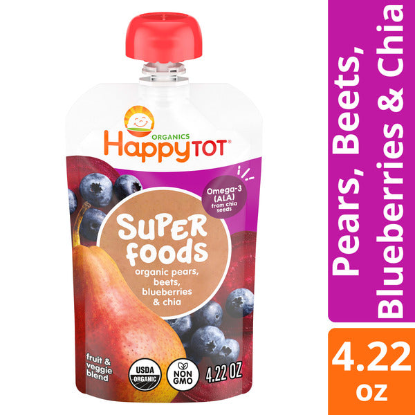 Happy Tot Organics Stage 4 Baby Food Pouch, Gluten Free, Vegan Snack, SuperFoods Fruit & Veggie Puree, Pears, Blueberries, Beets & Chia, 4.22 oz.