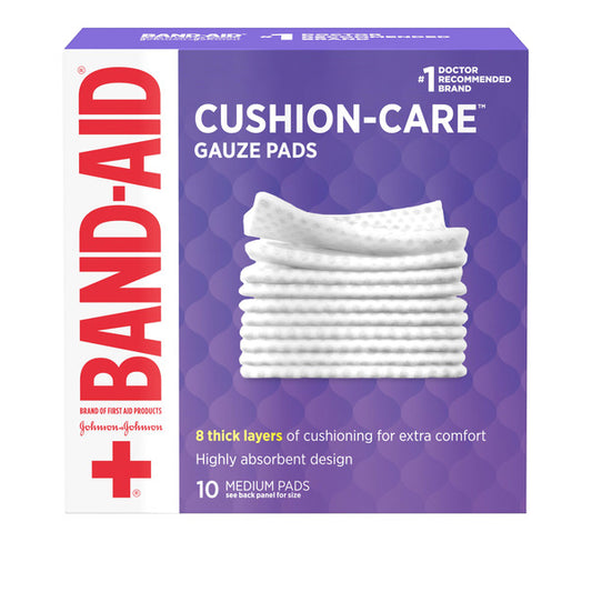 BAND-AID Cushion Care Sterile Gauze Pads for Protection of Minor Cuts, Scrapes & Burns, Non-Adhesive & Wound Care Dressing Pads, Medium Size, 10 ct