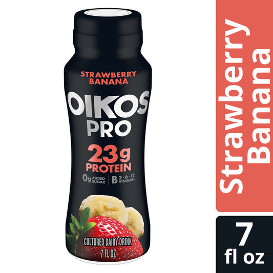 Oikos Pro 23g Protein Strawberry Banana Cultured Dairy Drink, 0g Added Sugar, Convenient High Protein Snacks for School, Office, Gym, 7 fl oz Bottle​