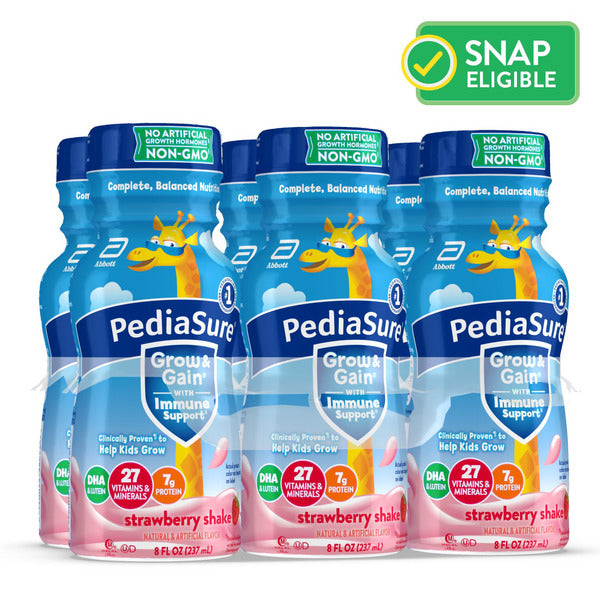 PediaSure Grow & Gain with Immune Support, 7g Protein, Strawberry, 8-fl-oz Bottle, 6 Shakes