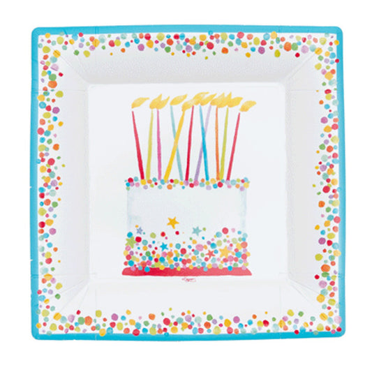 Caspari Birthday Cake, Square Salad/Dessert Plate, 8"