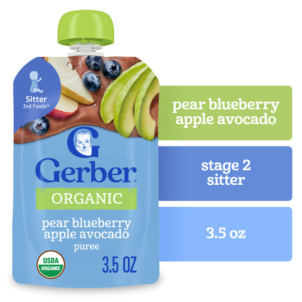 Gerber Stage 2 Baby Food Organic Pear Blueberry Apple Avocado Puree Pouch
