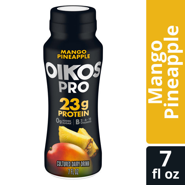 Oikos Pro 23g Protein Mango Pineapple Cultured Dairy Drink, 0g Added Sugar, Convenient High Protein Snacks for School, Office, Gym, 7 fl oz Bottle​