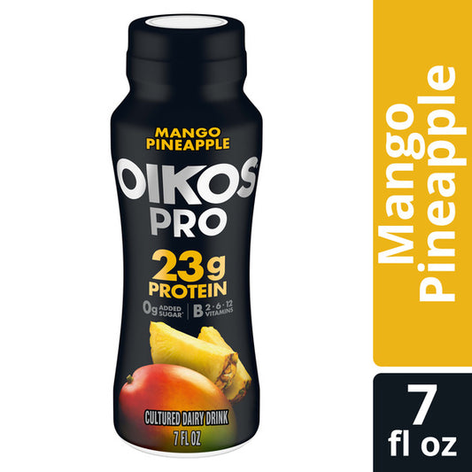 Oikos Pro 23g Protein Mango Pineapple Cultured Dairy Drink, 0g Added Sugar, Convenient High Protein Snacks for School, Office, Gym, 7 fl oz Bottle​