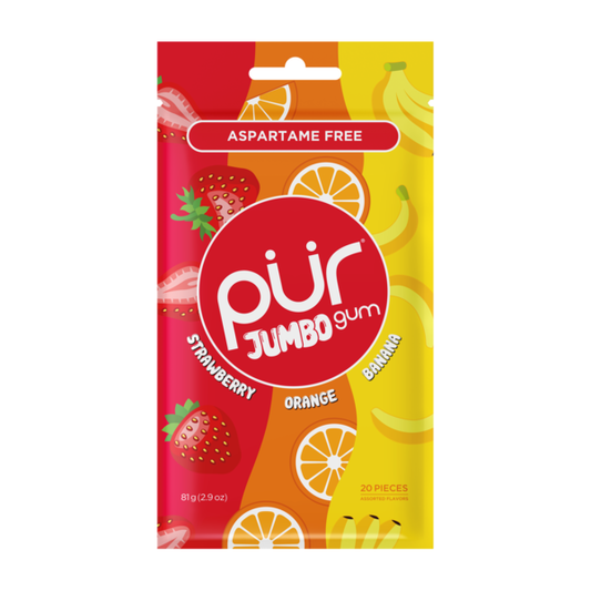 PUR Jumbo Gum Natural Strawberry, Banana, Orange Flavored Gum, 100% Xylitol