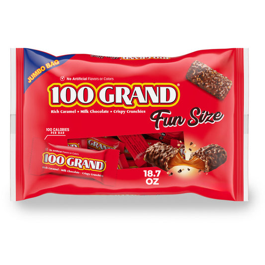 100 Grand Candy Bar, Milk Chocolate with Rich Caramel, Fun Size Individually Wrapped Candy Bars, Jumbo Bag