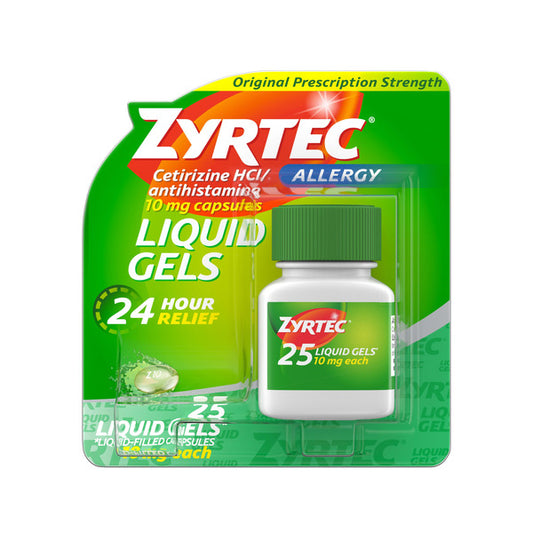 ZYRTEC 24 Hour Allergy Relief Liquid Gels, Antihistamine Capsules with Cetirizine HCl Allergy Medicine for All-Day Relief from Runny Nose, Sneezing, Itchy Eyes & More, 25 ct