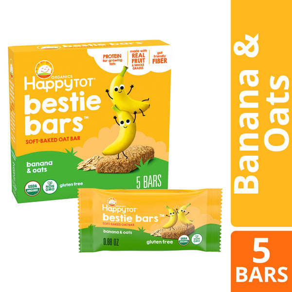Happy Tot Organics Bestie Bars Soft-Baked Oat Bars, Organic Toddler Snacks with Protein and Gut-Friendly Fiber, Banana & Oats, 5 Count