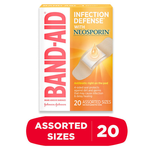 BAND-AID Bandages with Neosporin Antibiotic, Assorted Sizes, 20 ct