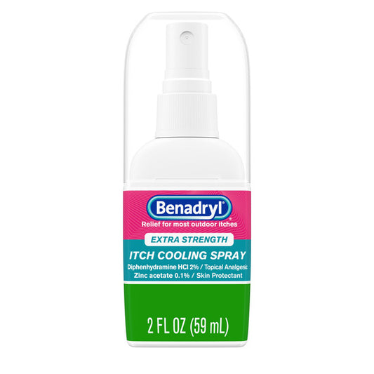 Benadryl Extra Strength Anti-Itch Cooling Spray, Diphenhydramine HCl Topical Analgesic and Zinc Acetate Skin Protectant for Fast Relief from Most Outdoor Itches, Travel Size, 2 fl. oz