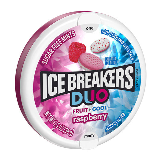 ICE BREAKERS Duo Fruit Plus Cool Raspberry Sugar Free Mints Tin, 1.3 oz