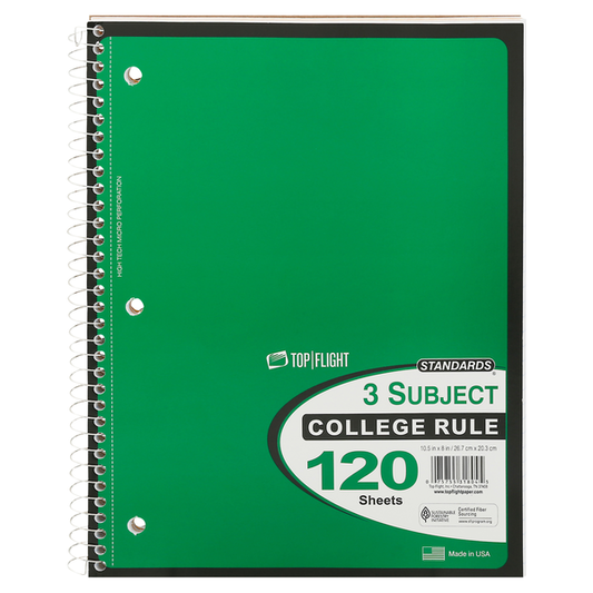 Top Flight Notebook, 3 Subject, College Rule, 120 Sheets