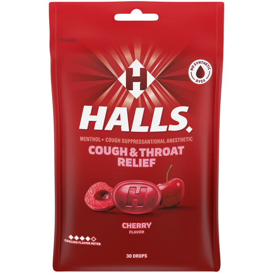 Halls Cough And Throat Relief Cherry Cough Drops, No Synthetic Dyes, Fsa/Hsa Eligible 3.28 oz