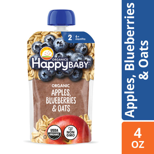 Happy Baby Organics Organics Stage 2 Baby Food Pouches, Gluten Free, Vegan & Healthy Snack, Clearly Crafted Oat & Fruit Puree, Apples, Blueberries & Oats, 4 oz.