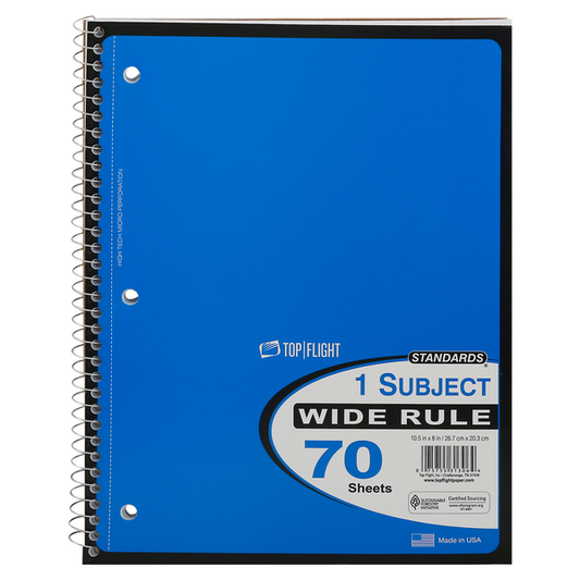 Top Flight Notebook, Wide Rule, 1 Subject, 70 Sheets - 10.5 x 8 in