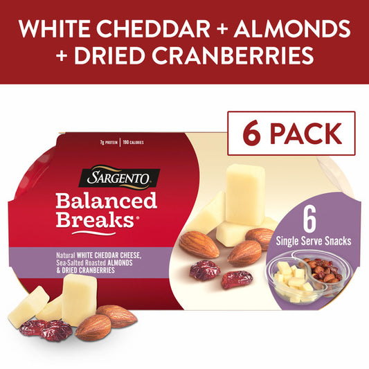 Sargento Balanced Breaks® White Cheddar Cheese, Sea-Salted Roasted Almonds, Dried Cranberries Snack Kit, 6-Pack