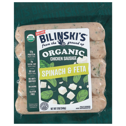 Bilinski's Sausage, Organic, Chicken, Spinach & Feta