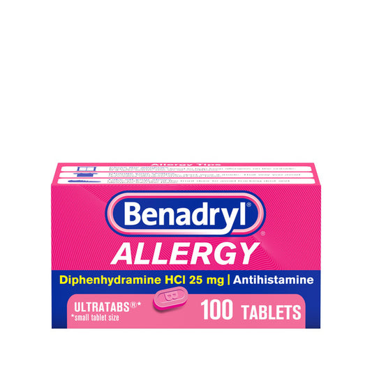 Benadryl Ultratabs Antihistamine Allergy Relief Medicine, Diphenhydramine HCl Tablets For Relief of Cold & Allergy Symptoms Such as Sneezing, Runny Nose, & Itchy Eyes & Throat, 100 ct