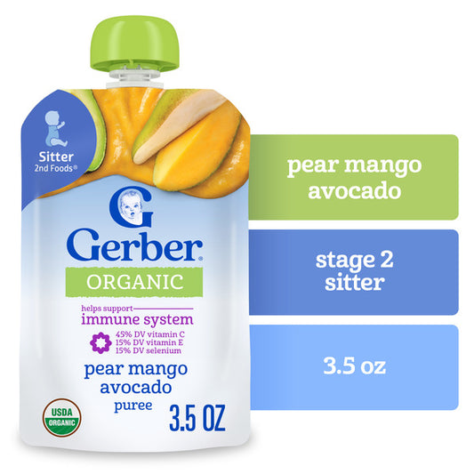 Gerber Stage 2 Organic Pear Mango Avocado Baby Food Pouch Puree