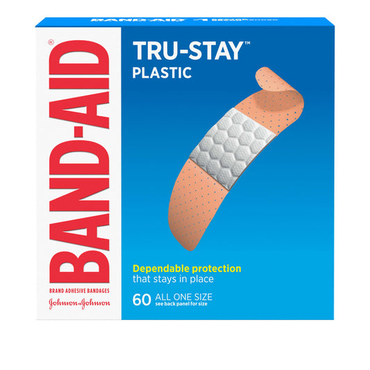 BAND-AID Tru-Stay Plastic Strips Adhesive Bandages for First Aid & Wound Protection, Sterile Individually Wrapped Wound Care Bandages for Minor Cuts & Scrapes, All One Size, 60 ct