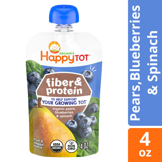 Happy Tot Organics Fiber & Protein Pears, Blueberries & Spinach Baby Food Pouch
